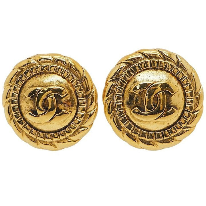 Chanel Vintage Round Coco Mark Earrings Gold Ladies Large Round Circle Reuse0