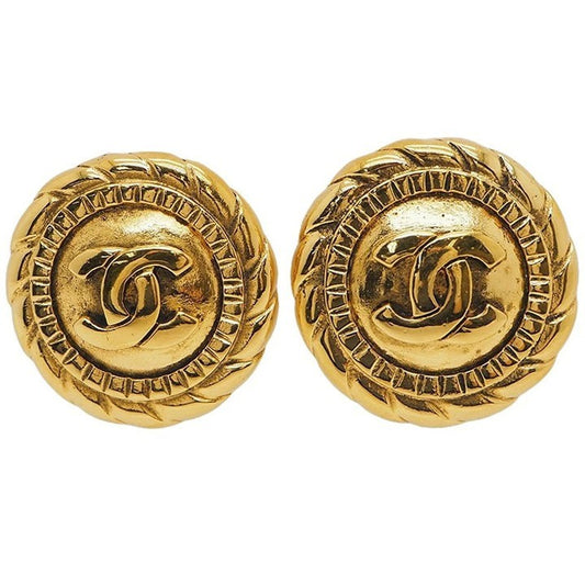 Chanel Vintage Round Coco Mark Earrings Gold Ladies Large Round Circle Reuse0