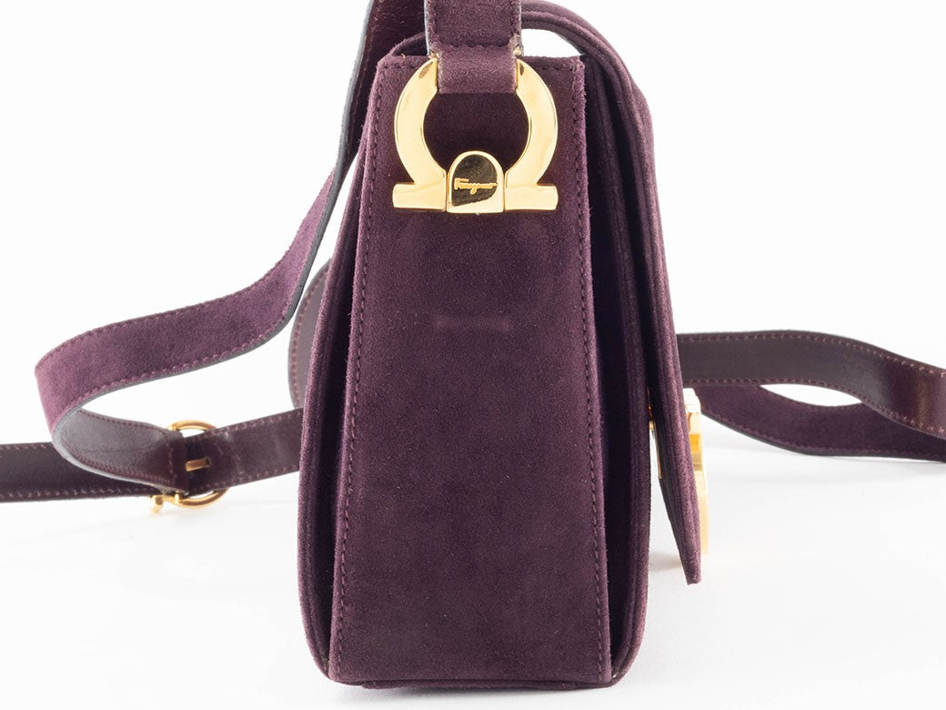 Salvatore Ferragamo Gancini Logo Crossbody Shoulder Bag Suede Purple Preowned10