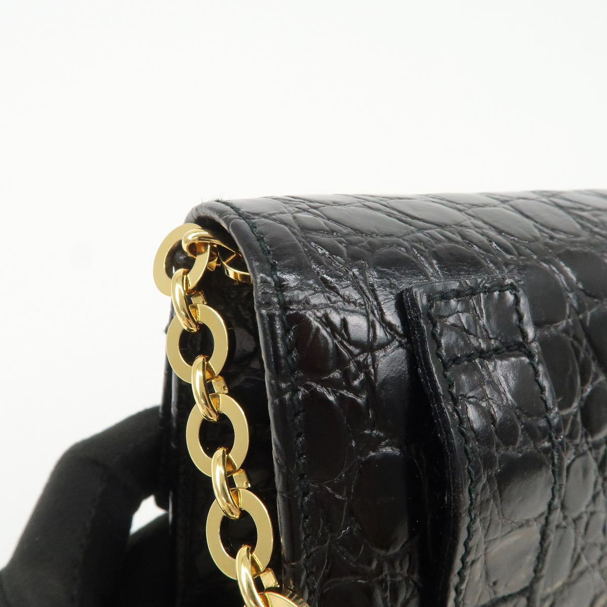 FERRAGAMO Vara Ribbon Chain Shoulder Bag Mini Black Leather Preowned Auth16