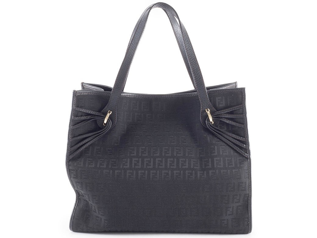 FENDI Zucchino Black Canvas Leather Shoulder Tote Bag 8BH153 Preowned Auth1