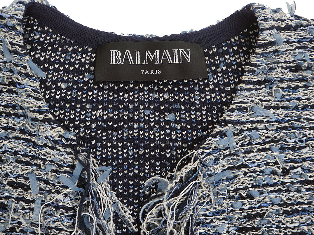 BALMAIN Tweed Fringe Jacket Navy Women's Collarless Cropped Gold Buttons 367