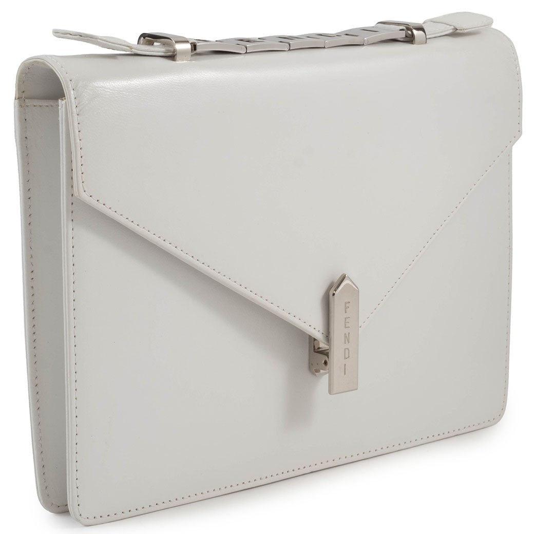 FENDI Logo Handle Shoulder Bag White Leather Convertible Crossbody Preowned2