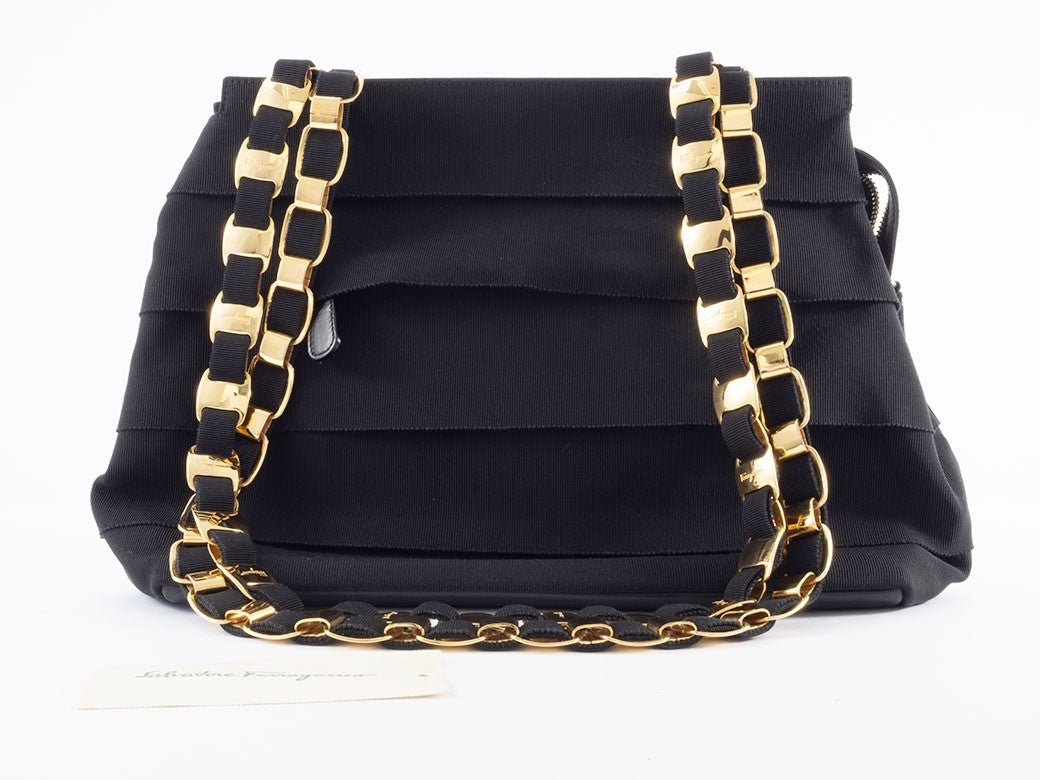Ferragamo Vara Ribbon Womens Chain Shoulder Tote Bag Nylon Black Preowned Auth3