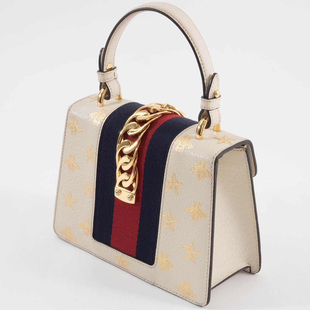 GUCCI Bee Star Mini Sylvie Convertible Handbag White Crossbody 470270 Preowned4