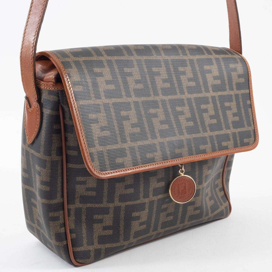 FENDI Zucca PVC Leather Crossbody Shoulder Bag FF Logo Flap Brown Preowned Auth2