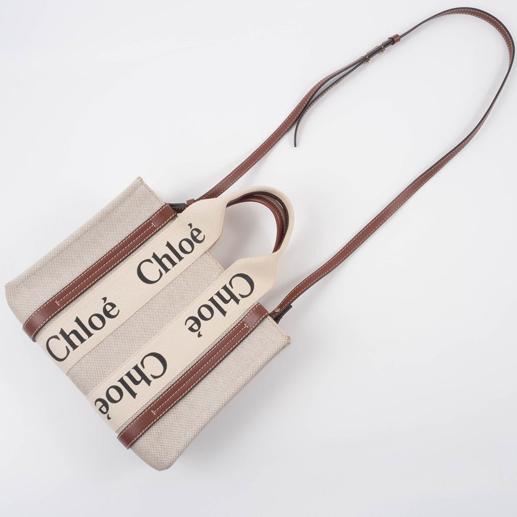 Chloe Woody Small Convertible Handbag Crossbody Bag Linen Brown White Preowned1