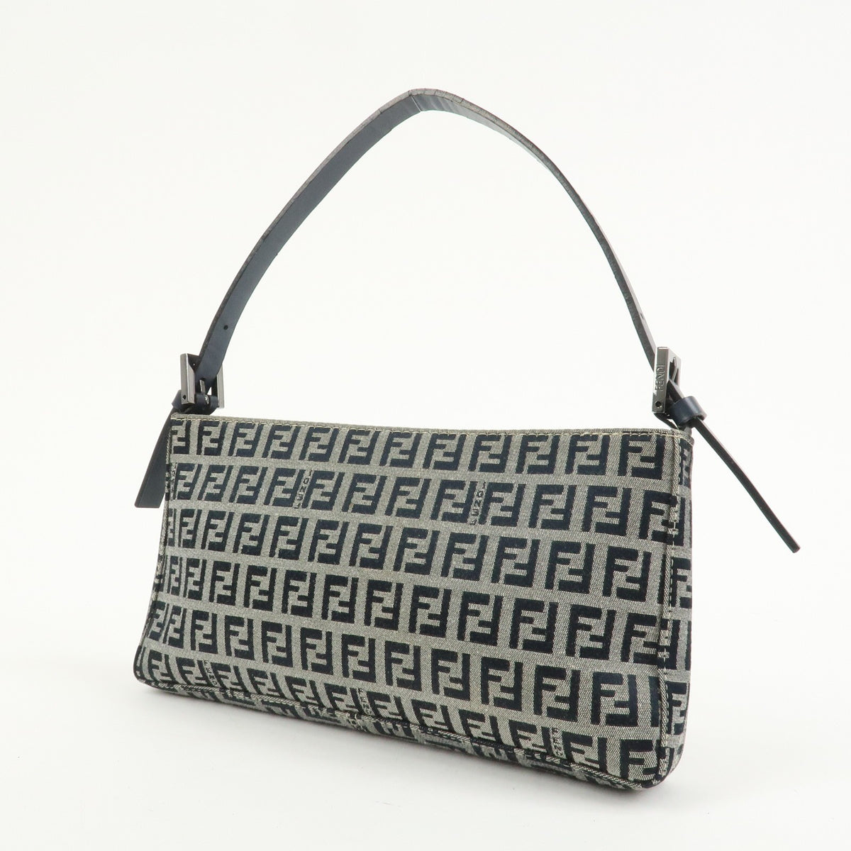 FENDI Zucchino Canvas Leather Shoulder Bag Navy Blue Logo 8BR042 Preowned Auth2