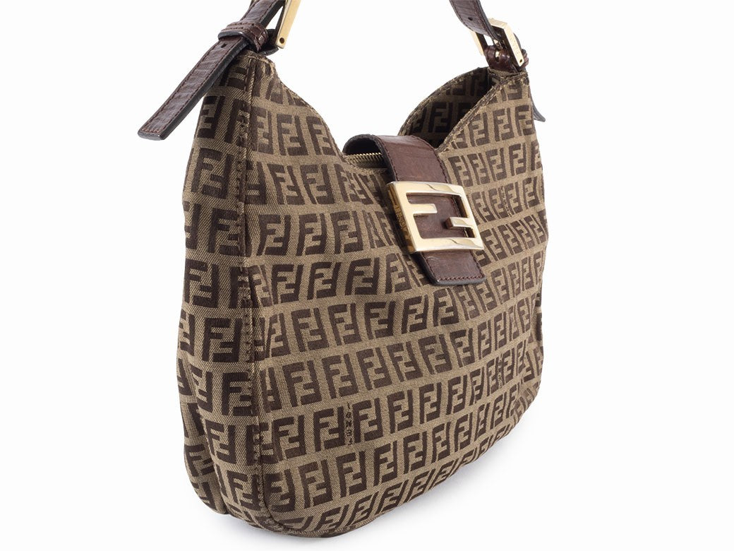 FENDI Zucca Zucchino Brown Canvas Leather Shoulder Bag Tote Hobo Preown Auth2