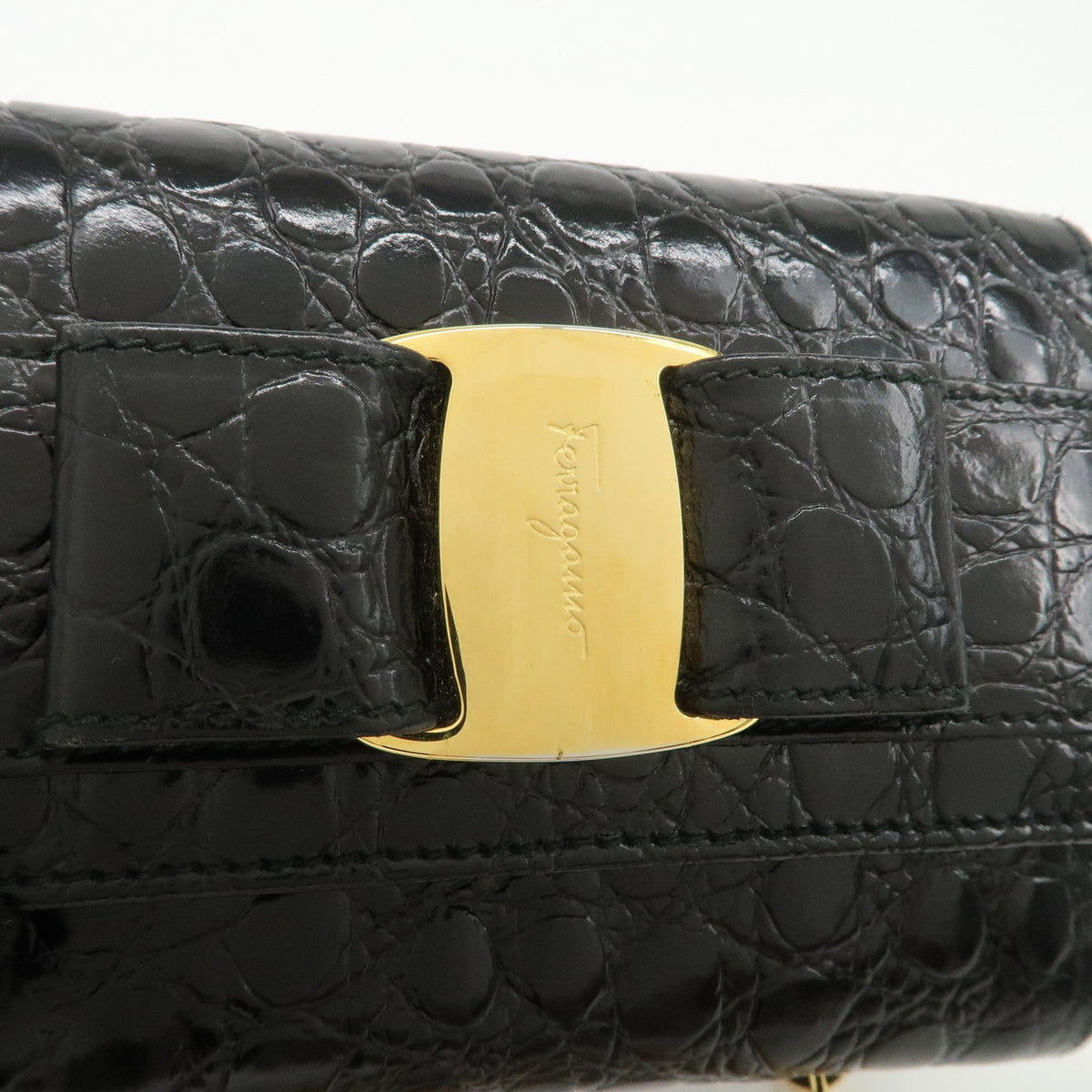 FERRAGAMO Vara Ribbon Chain Shoulder Bag Mini Black Leather Preowned Auth18