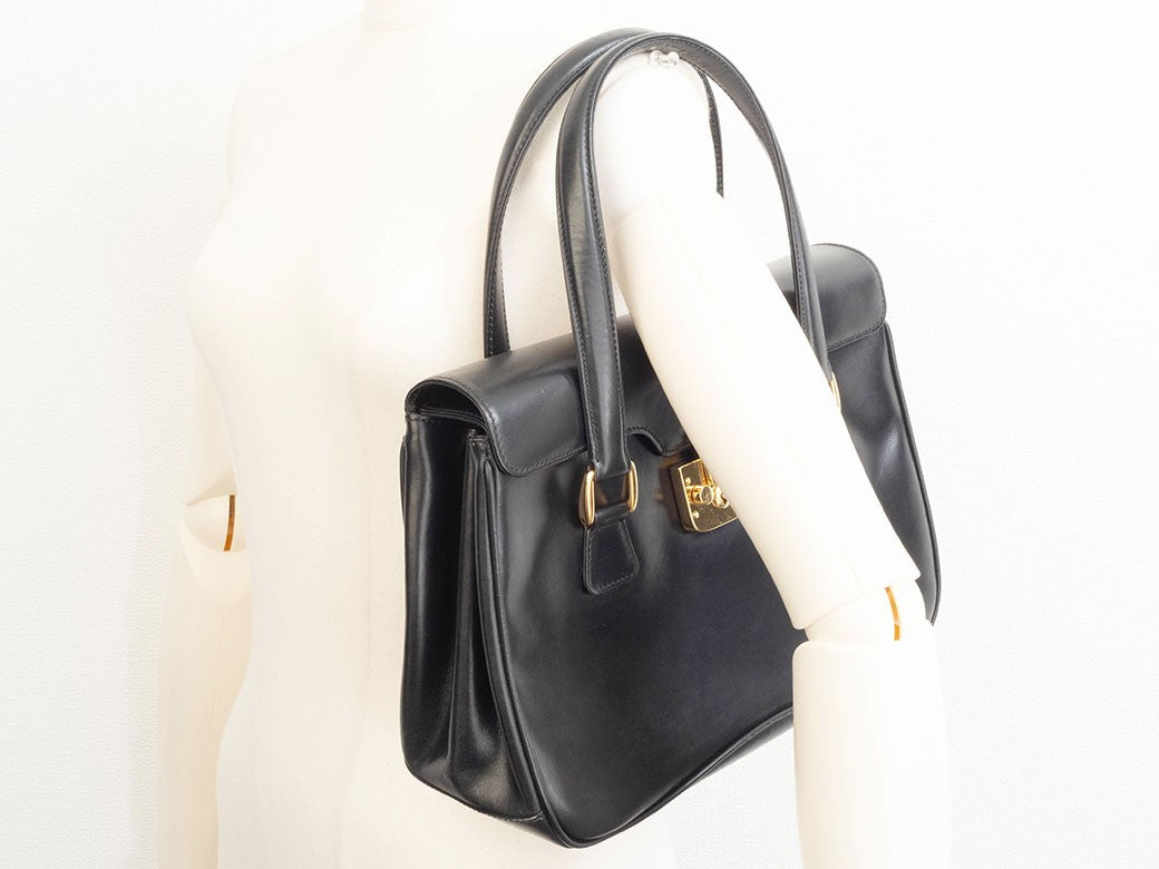 GUCCI Lady Lock Old Gucci Leather Handbag Bag Black Vintage Preowned Auth12