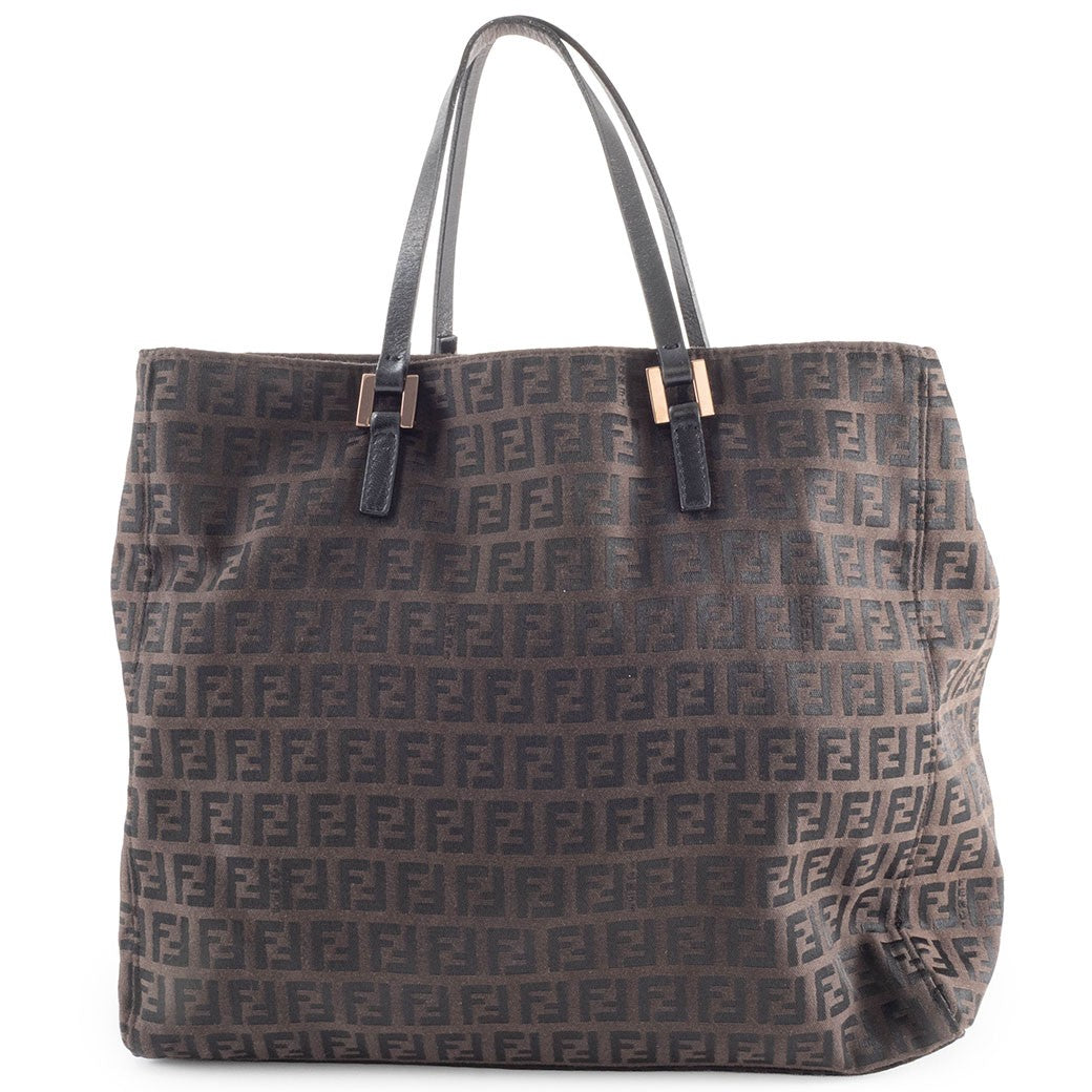 FENDI Zucchino Brown Canvas Leather Handbag Zucca Monogram Tote Bag Preowned1