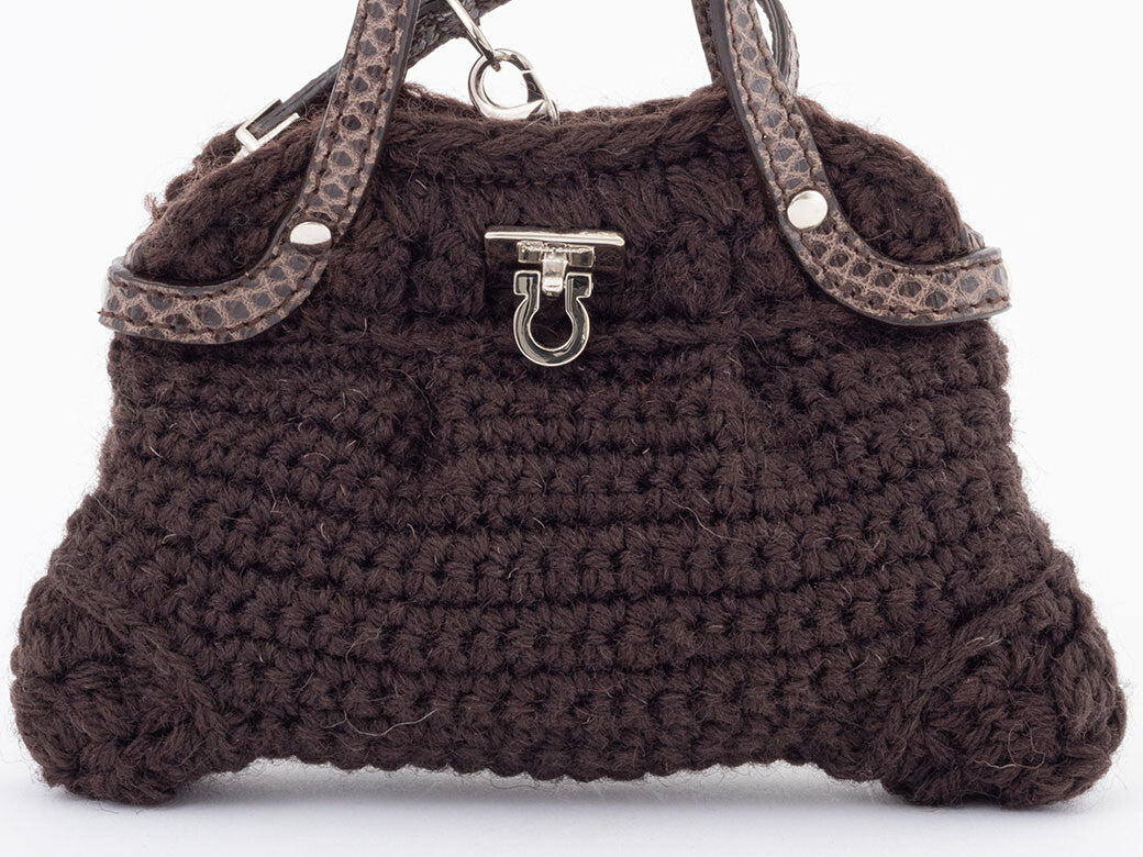 Ferragamo Wool Knit Accessory Pouch Womens Handbag Brown Charm Preowned Auth1