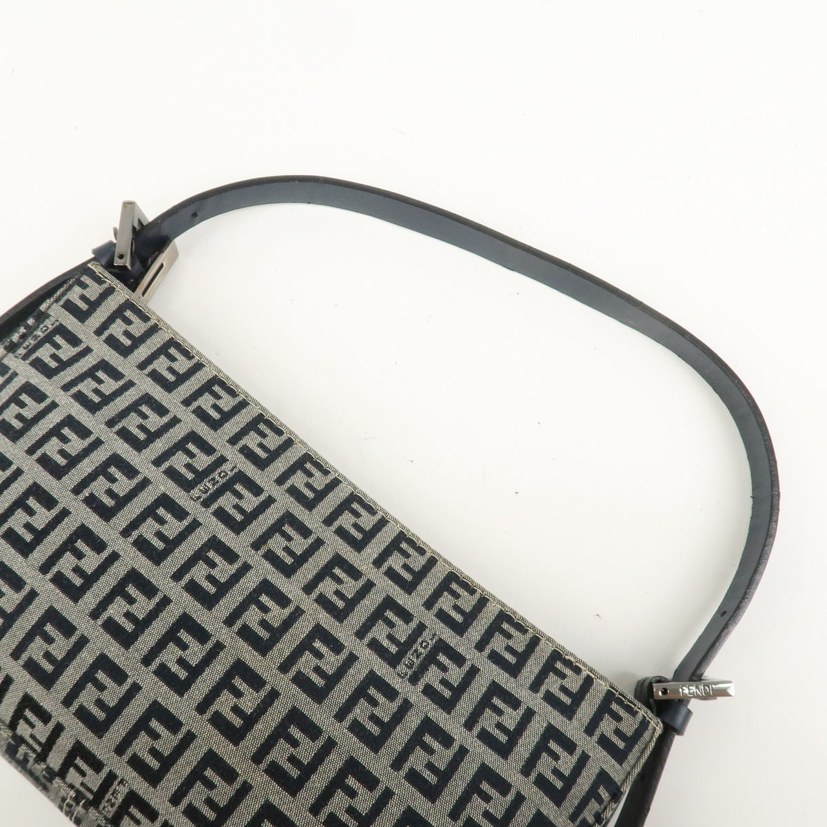 FENDI Zucchino Canvas Leather Shoulder Bag Navy Blue Logo 8BR042 Preowned Auth5