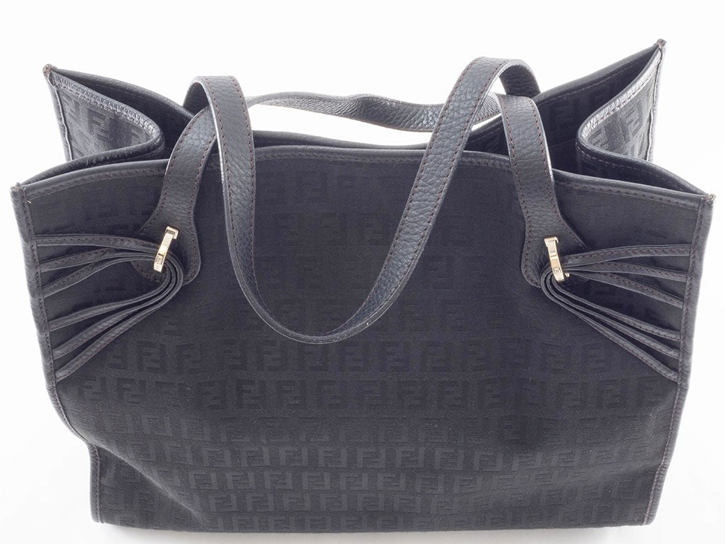 FENDI Zucchino Black Canvas Leather Shoulder Tote Bag 8BH153 Preowned Auth6