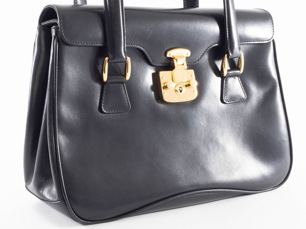 GUCCI Lady Lock Old Gucci Leather Handbag Bag Black Vintage Preowned Auth6