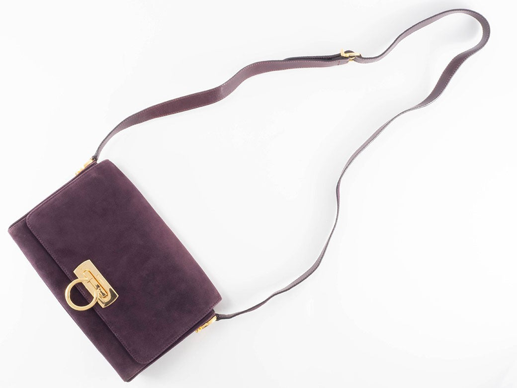 Salvatore Ferragamo Gancini Logo Crossbody Shoulder Bag Suede Purple Preowned19