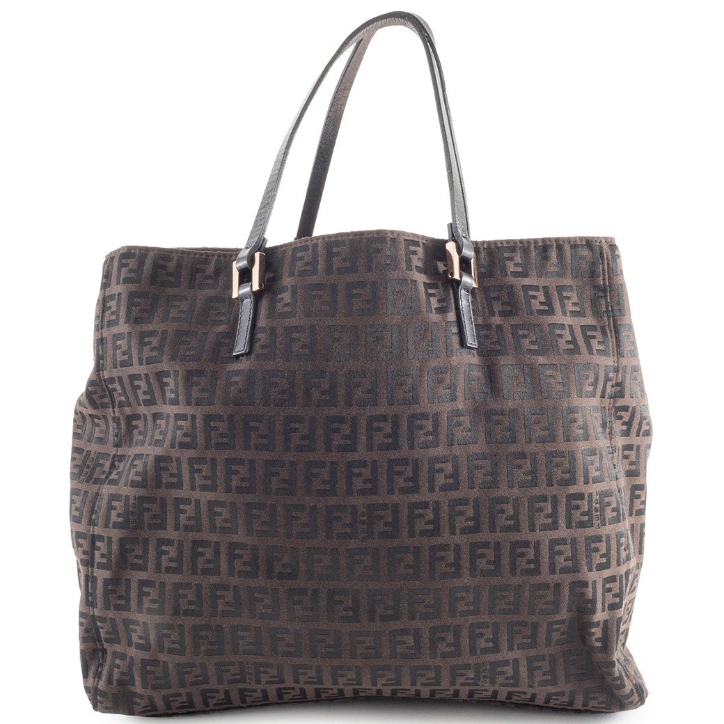 FENDI Zucchino Brown Canvas Leather Handbag Zucca Monogram Tote Bag Preowned0