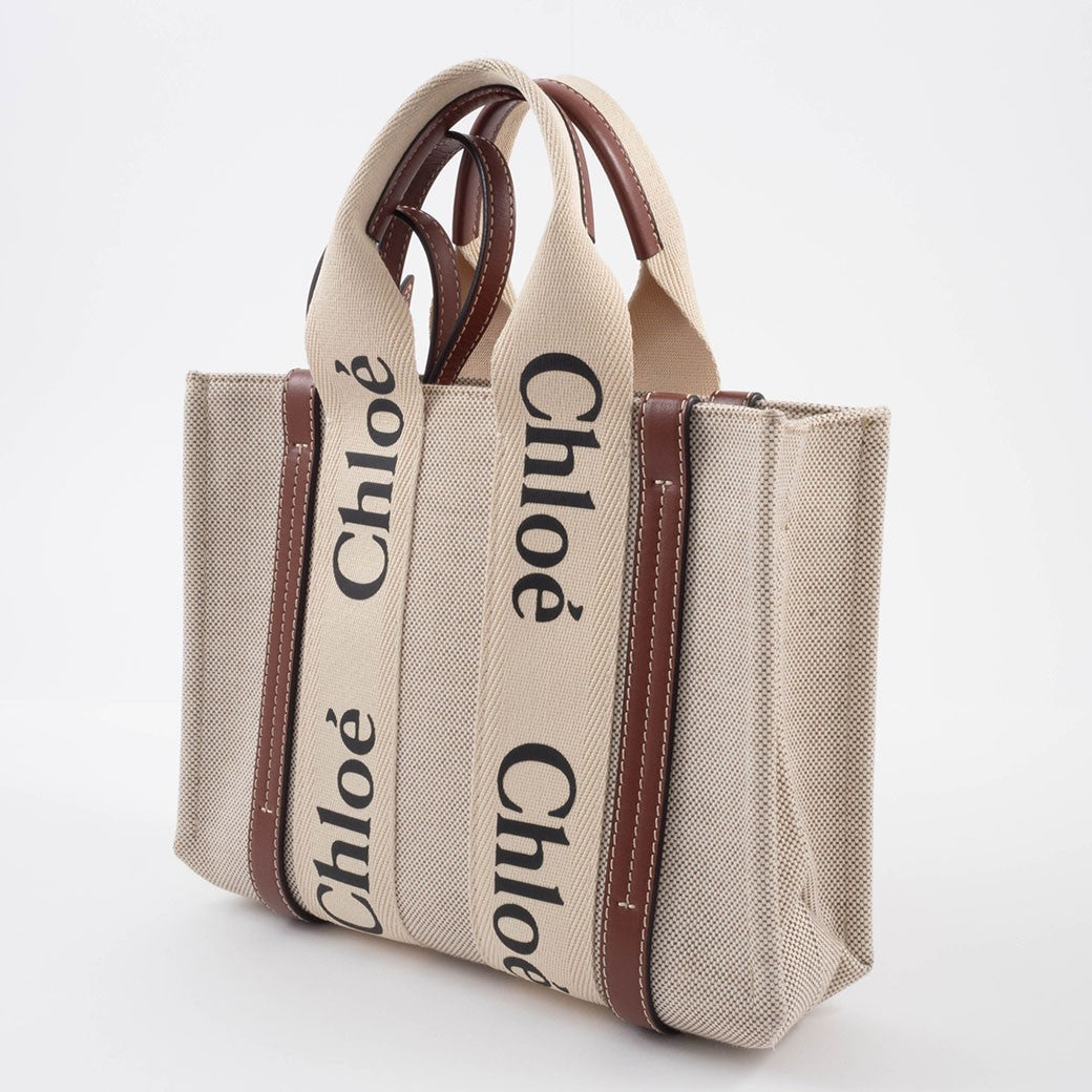 Chloe Woody Small Convertible Handbag Crossbody Bag Linen Brown White Preowned11