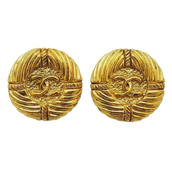 CHANEL Round Coco Earrings Gold Ladies 93P Rope Pattern Rope Reuse Used0